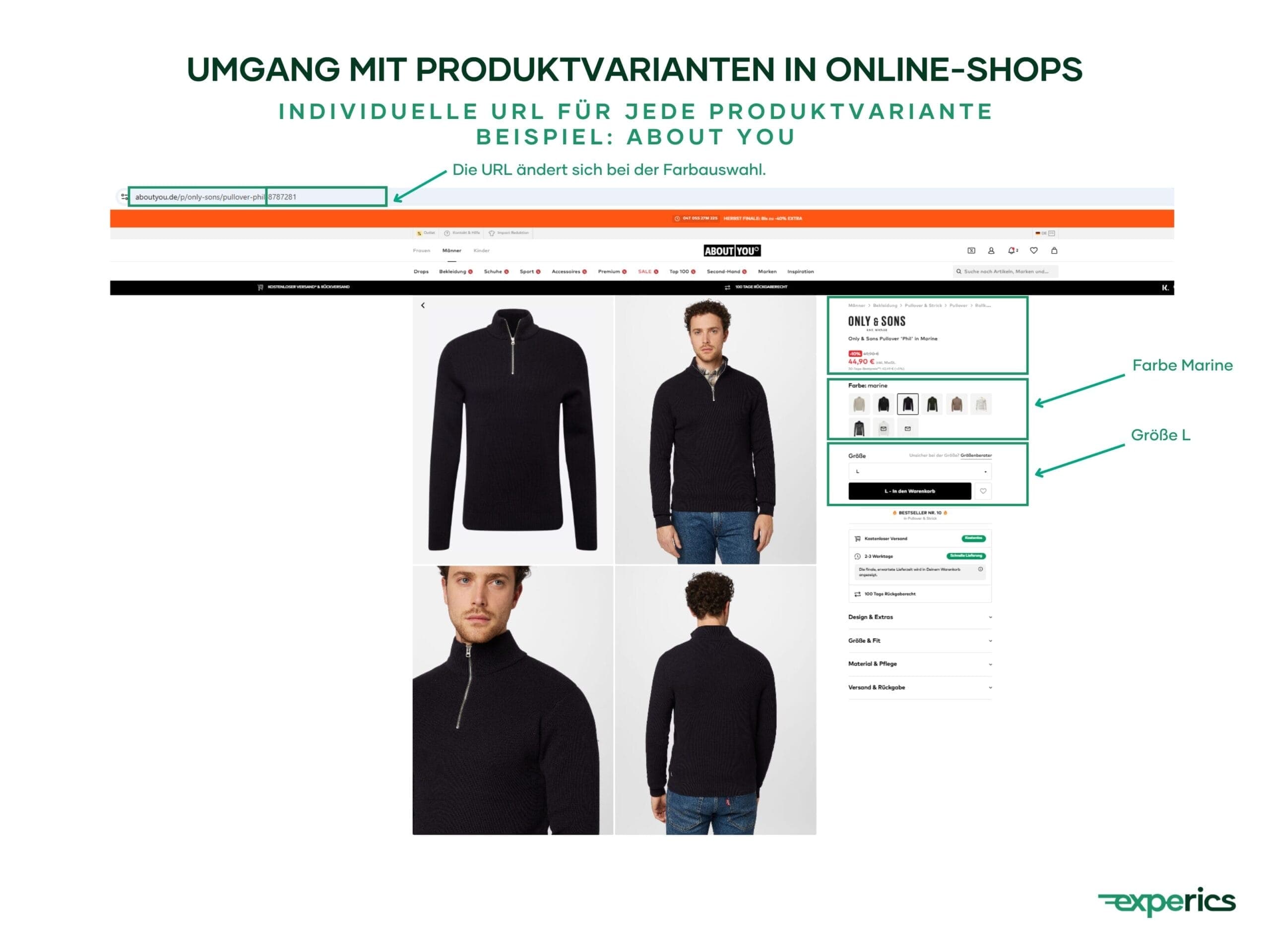 Durch die Farbauswahl verändert sich der letzte Teil der URL, was davon zeugt, dass es sich um eine eigenständige URL handelt.